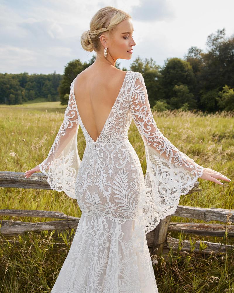 Lp2211 backless boho wedding dress with bell sleeves and mermaid silhouette4
